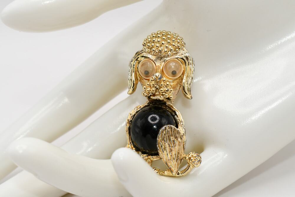 Vintage 1950s Dog Brooch Black Lucite Belly Googly Eyes Gold
